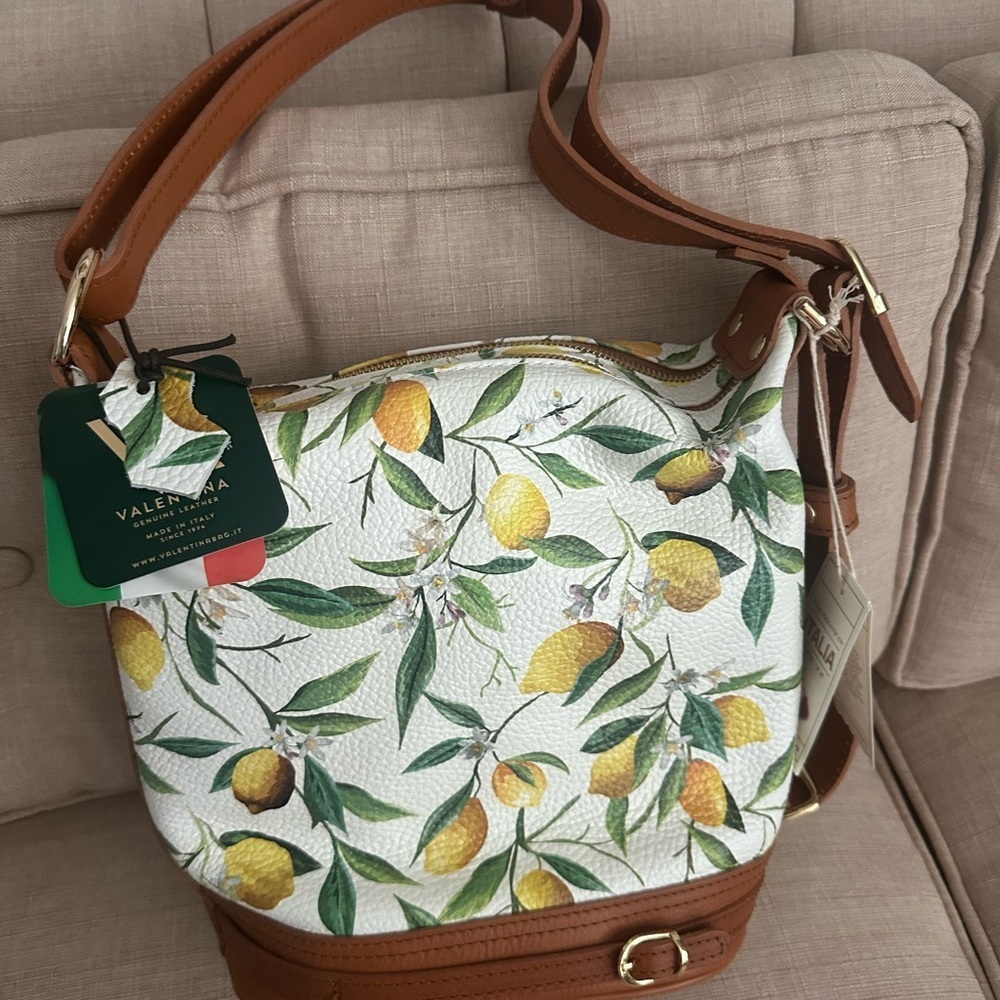 NewValentina Brown Leather Lemon Print Shoulder Bag - Picture 3 of 13